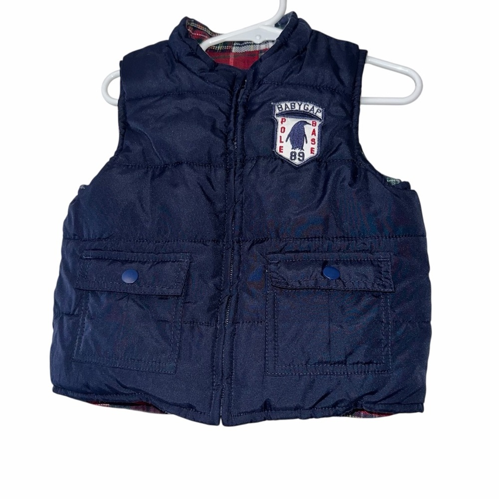 Baby GAP Dark Blue reversible tartan flannel plaid Puffer Vest Sz 18-24m